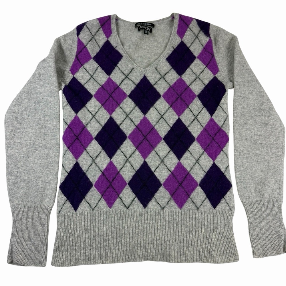 Apt. 9 Women's Sweater 100% Cashmere Argyle Grey Purple V-Neck Sz Medium Office